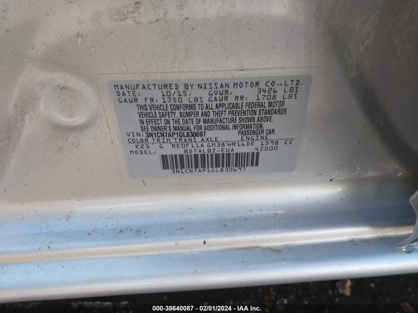 2016 Nissan Versa 1.6 S/1.6 S+/1.6 Sl/1.6 Sv VIN: 3N1CN7AP1GL830697 Lot: 38640087