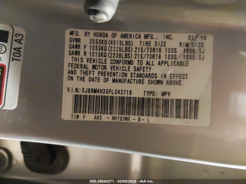 2015 HONDA CR-V LX - 5J6RM4H35FL043719