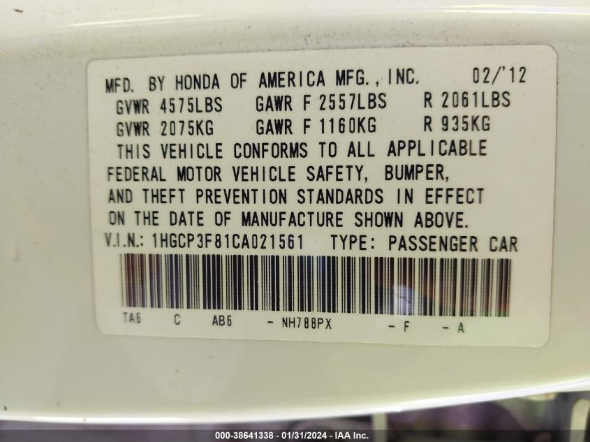 2012 Honda Accord 3.5 Ex-L VIN: 1HGCP3F81CA021561 Lot: 38641338