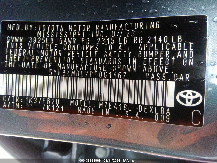 2023 TOYOTA COROLLA VIN: 5YFB4MDE7PP061467