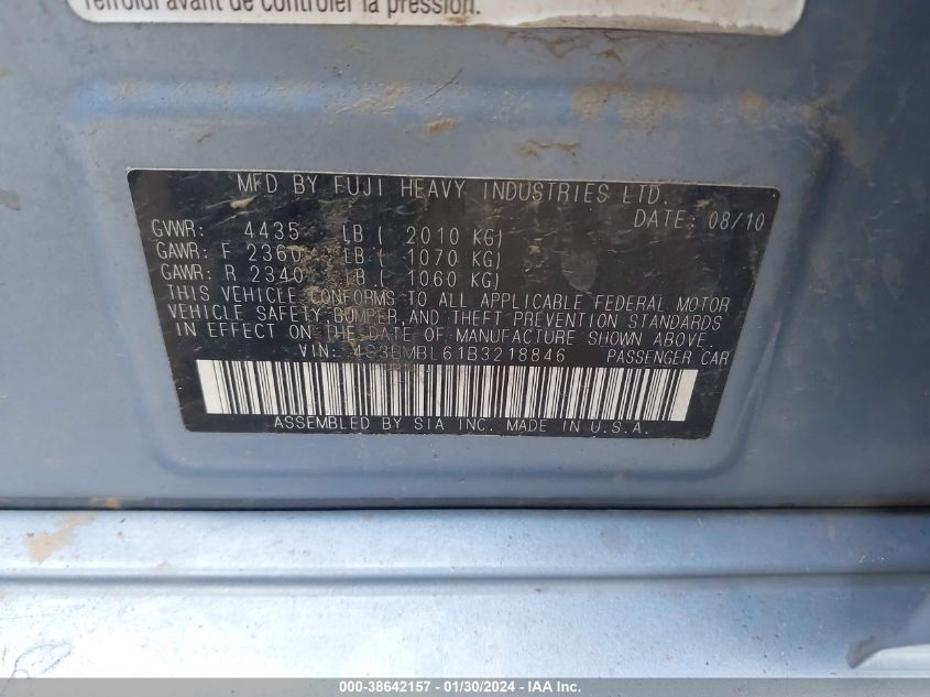 2011 Subaru Legacy 2.5I Limited VIN: 4S3BMBL61B3218846 Lot: 38642157