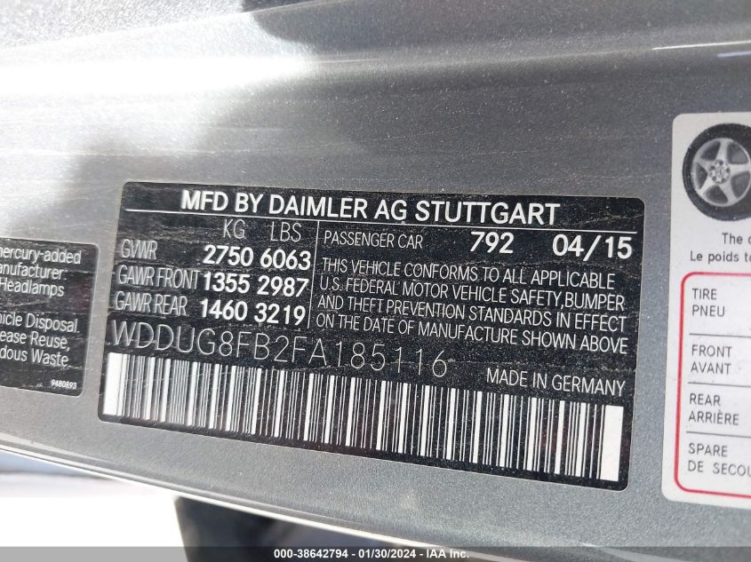 2015 Mercedes-Benz S-Class S 550 VIN: WDDUG8FB2FA185116 Lot: 38642794