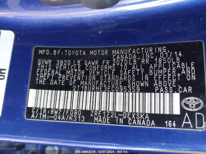 2014 TOYOTA COROLLA S PLUS - 2T1BURHE3EC095359