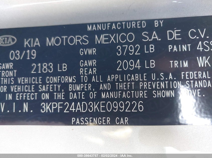 2019 KIA FORTE LXS - 3KPF24AD3KE099226