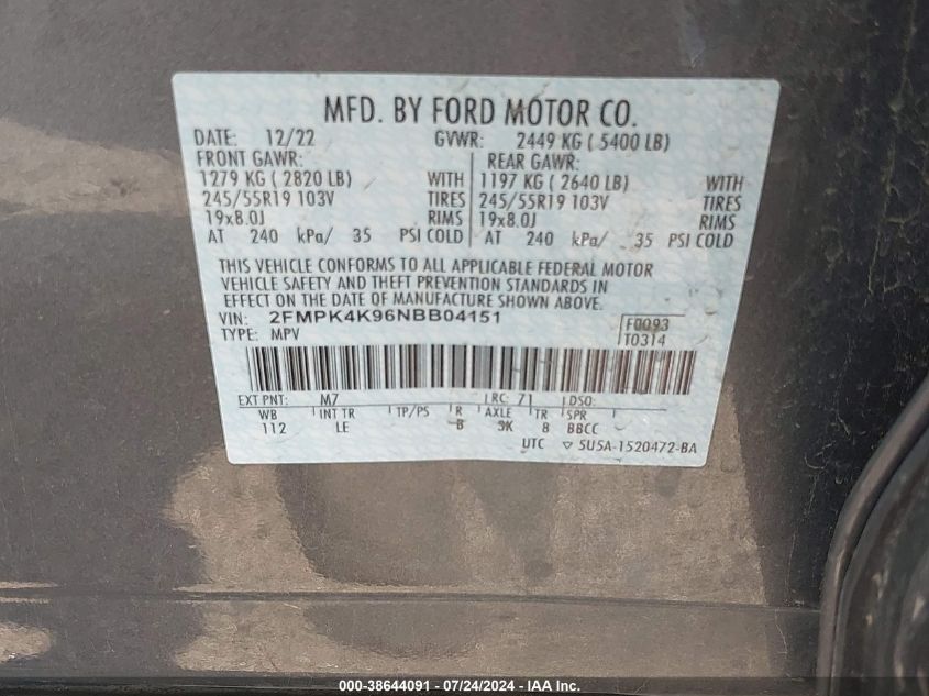 2FMPK4K96NBB04151 2022 Ford Edge Titanium