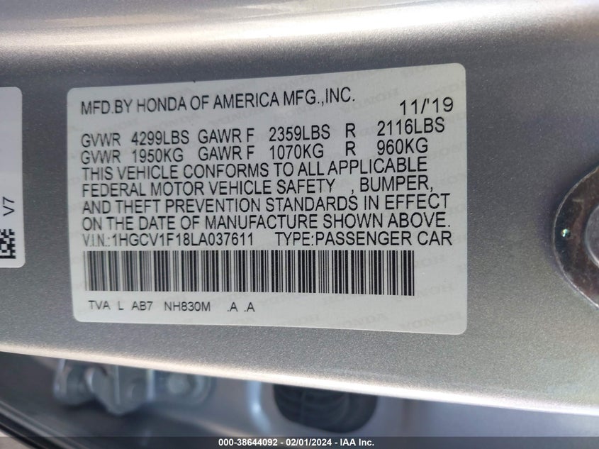 2020 HONDA ACCORD VIN: 1HGCV1F18LA037611