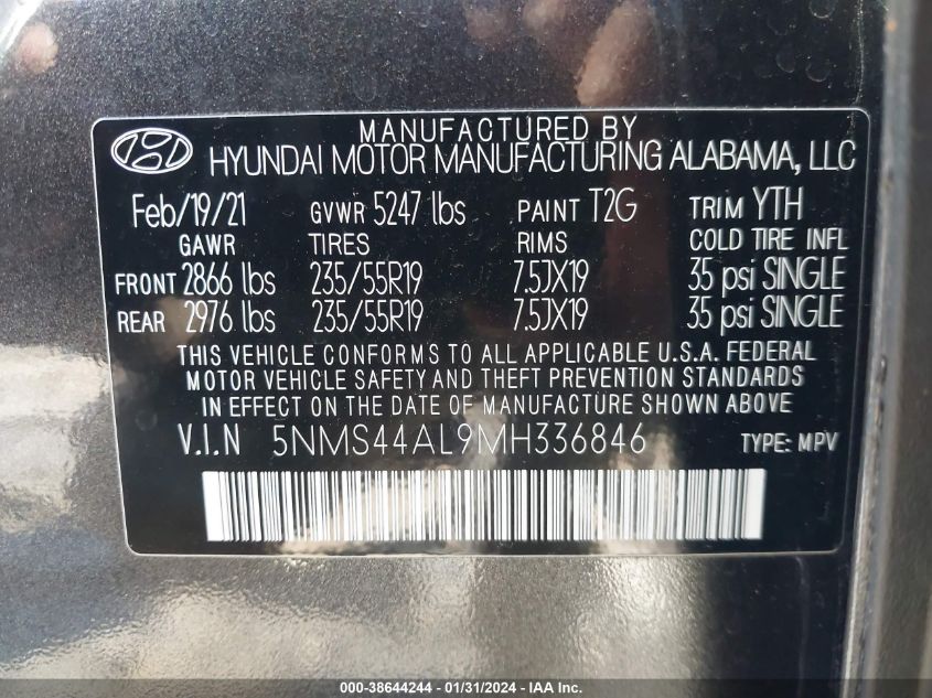 2021 Hyundai Santa Fe Limited VIN: 5NMS44AL9MH336846 Lot: 38644244