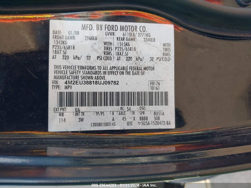 2008 Mercury Mountaineer Premier VIN: 4M2EU38818UJ09782 Lot: 38644283