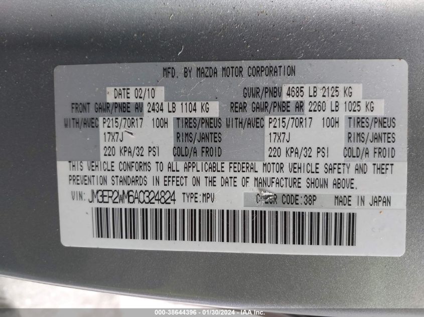 2010 Mazda Cx-7 I Sv VIN: JM3ER2WM6A0324824 Lot: 38644396