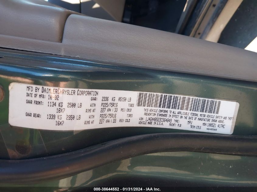 2003 Jeep Grand Cherokee Laredo VIN: 1J4GX48S23C564849 Lot: 38644552