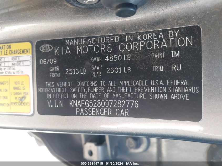 2009 Kia Rondo Lx VIN: KNAFG528097282776 Lot: 38644715