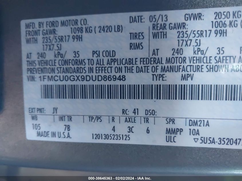 1FMCU0GX9DUD86948 2013 Ford Escape Se