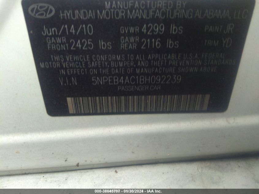 5NPEB4AC1BH092239 2011 Hyundai Sonata Gls