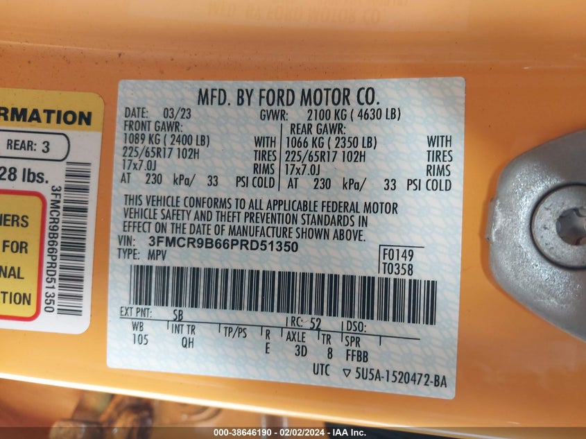 VIN 3FMCR9B66PRD51350 2023 FORD BRONCO SPORT BIG BEND