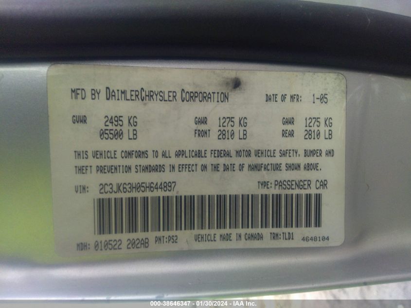 2005 Chrysler 300C VIN: 2C3JK63H05H644897 Lot: 38646347