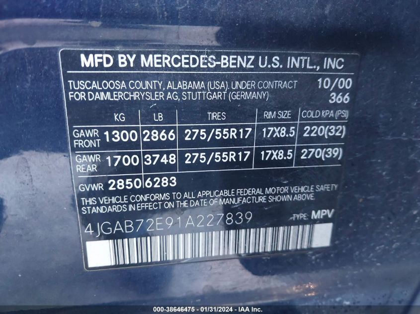 4JGAB72E91A227839 2001 Mercedes-Benz Ml 430