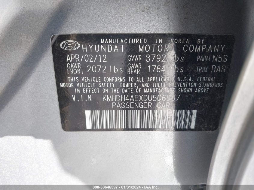 2013 Hyundai Elantra Limited (Ulsan Plant) VIN: KMHDH4AEXDU506957 Lot: 38646597