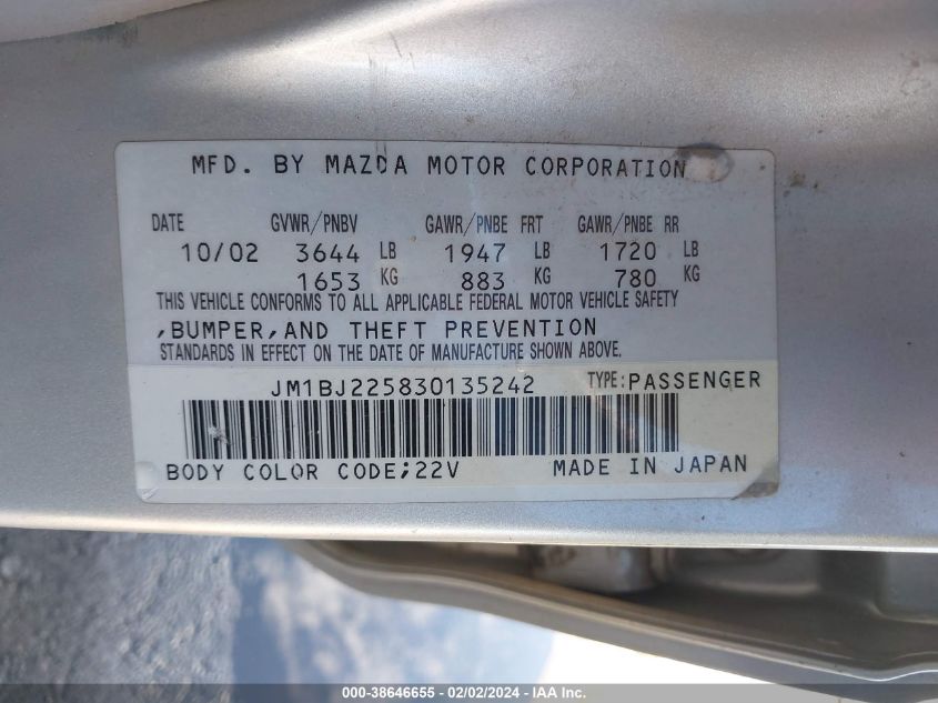 2003 Mazda Protege Dx/Es/Lx VIN: JM1BJ225830135242 Lot: 38646655