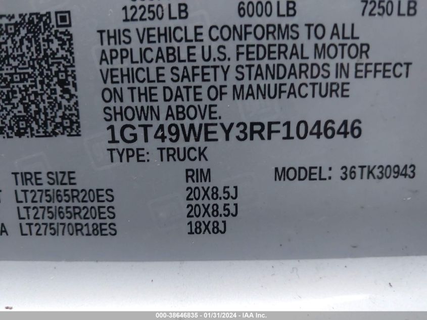 2024 GMC Sierra 3500Hd VIN: 1GT49SEY2RF104646 Lot: 43232984