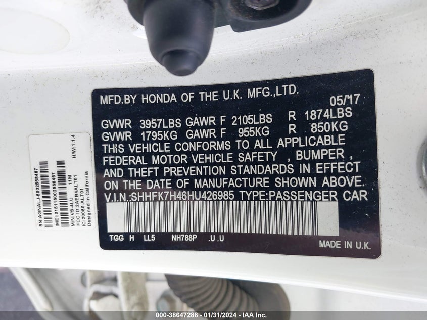2017 HONDA CIVIC VIN: SHHFK7H46HU426985