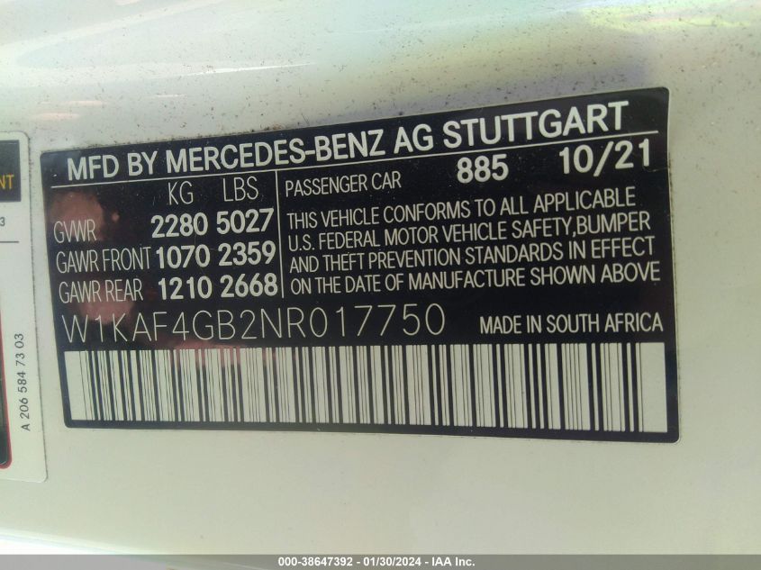 2022 Mercedes-Benz C 300 Sedan VIN: W1KAF4GB2NR017750 Lot: 38647392