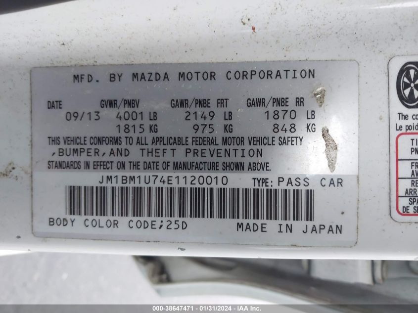 JM1BM1U74E1120010 2014 Mazda Mazda3