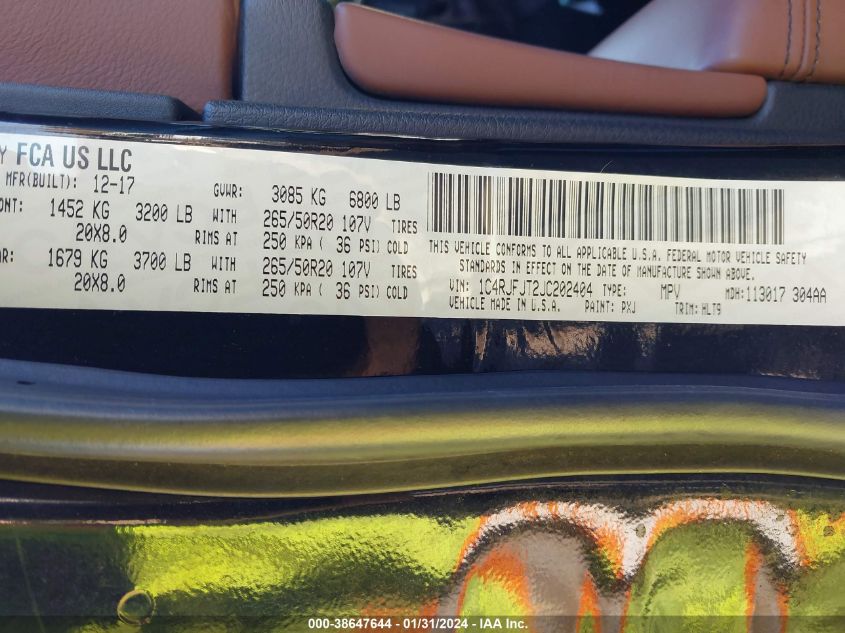 2018 Jeep Grand Cherokee Summit 4X4 VIN: 1C4RJFJT2JC202404 Lot: 38647644