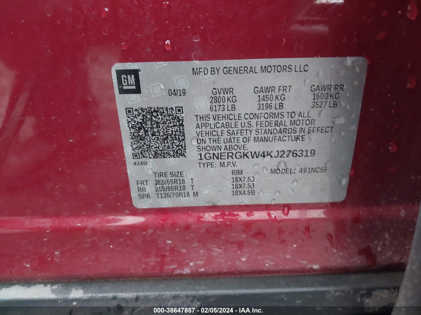 VIN 1GNERGKW4KJ276319 2019 CHEVROLET TRAVERSE 1LT