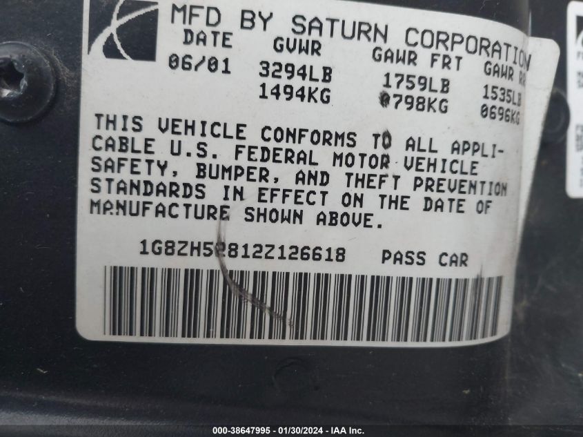 2002 Saturn Sl Sl1 (A4) VIN: 1G8ZH52812Z126618 Lot: 38647995
