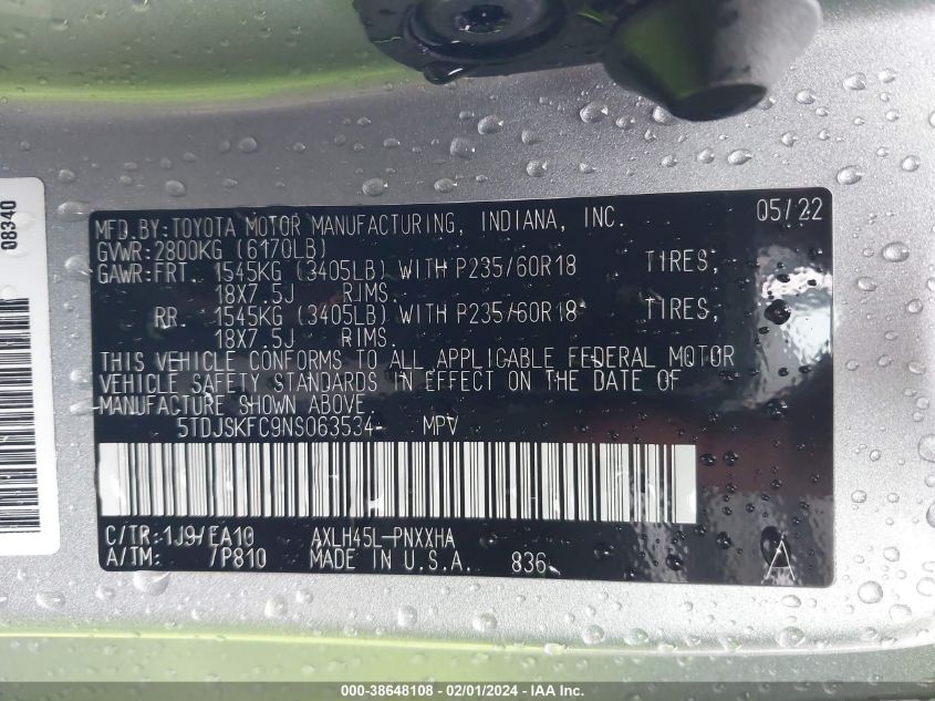 2022 Toyota Sienna Xle VIN: 5TDJSKFC9NS063534 Lot: 38648108