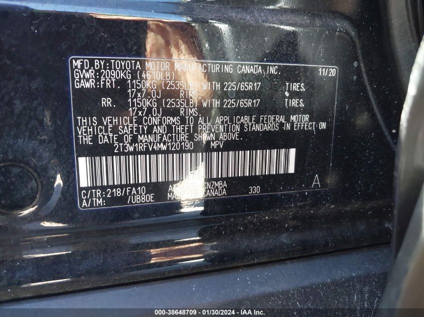 2T3W1RFV4MW120190 2021 Toyota Rav4 Xle