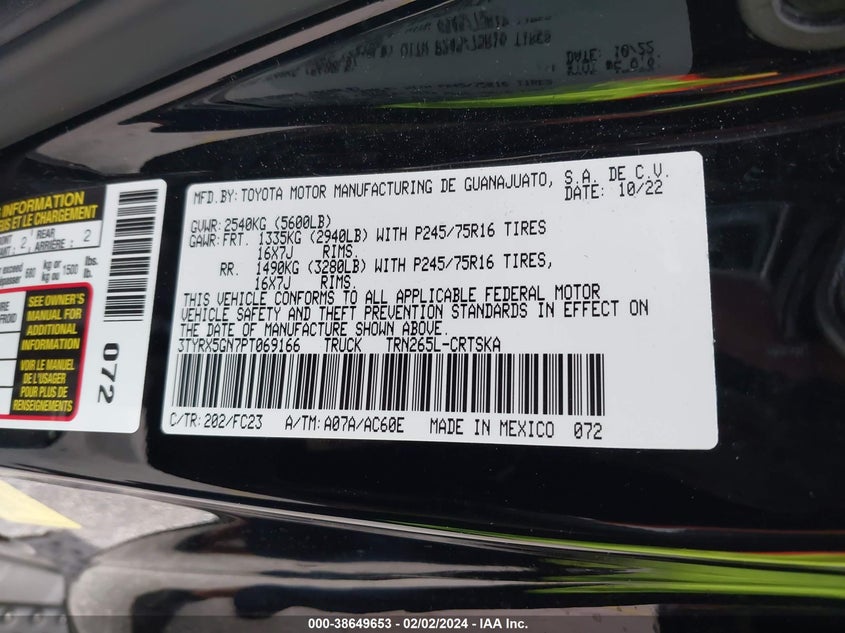 VIN 3TYRX5GN7PT069166 2023 TOYOTA TACOMA ACCESS CAB/SR/SR5