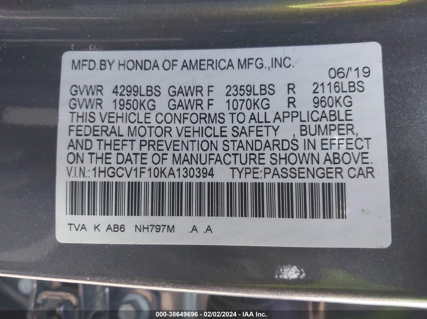 2019 HONDA ACCORD VIN: 1HGCV1F10KA130394