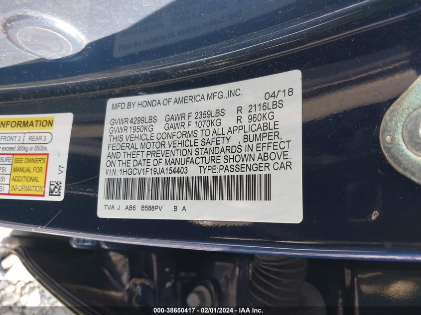 2018 HONDA ACCORD LX VIN: 1HGCV1F19JA154403