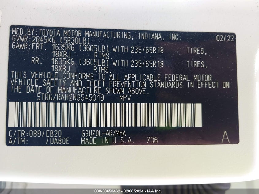 2022 TOYOTA HIGHLANDER VIN: 5TDGZRAH2NS545019