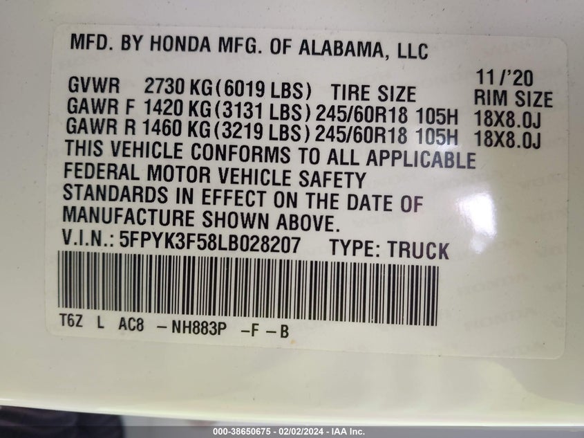 2020 HONDA RIDGELINE RTL - 5FPYK3F58LB028207