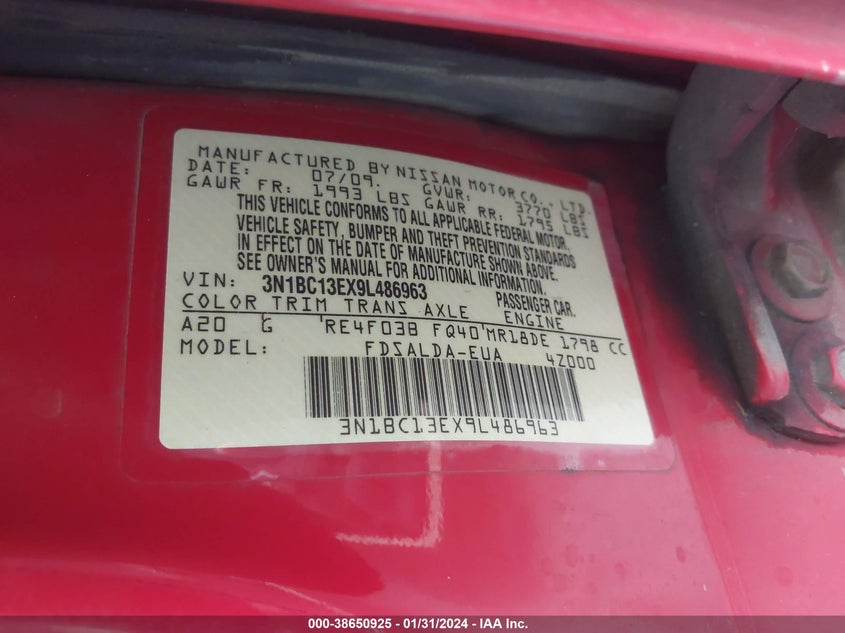 2009 Nissan Versa 1.8S VIN: 3N1BC13EX9L486963 Lot: 38650925