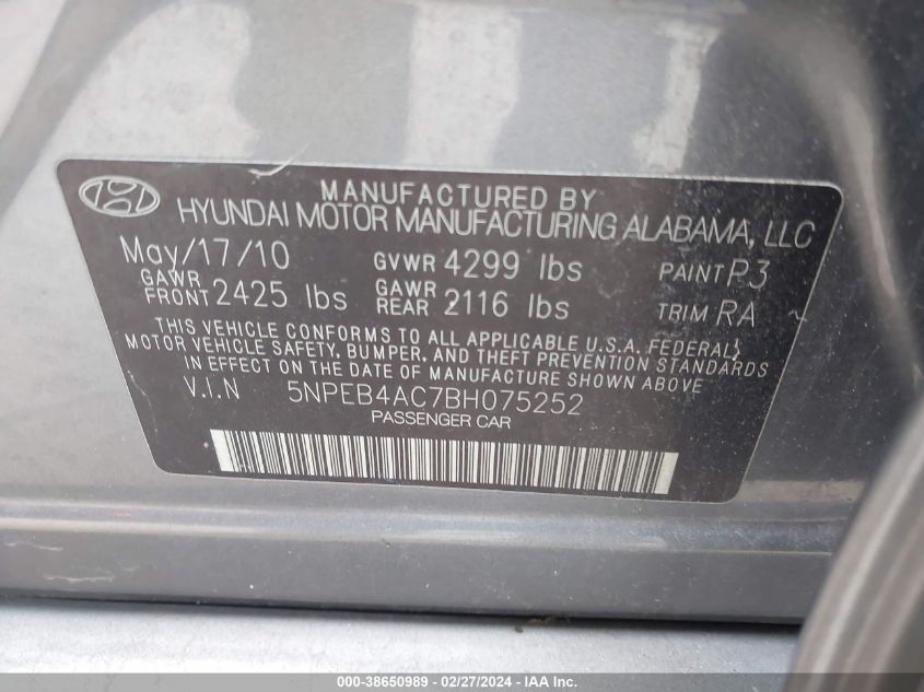2011 Hyundai Sonata Gls VIN: 5NPEB4AC7BH075252 Lot: 38650989