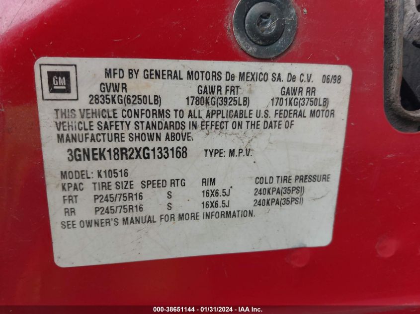 3GNEK18R2XG133168 1999 Chevrolet Tahoe