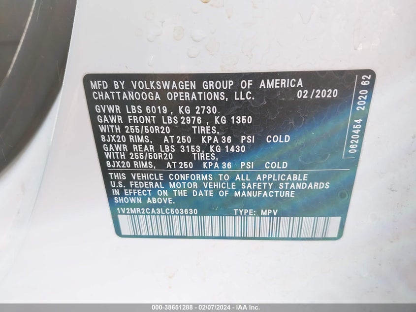VIN 1V2MR2CA3LC503630 2020 VOLKSWAGEN ATLAS 3.6L V6 SEL