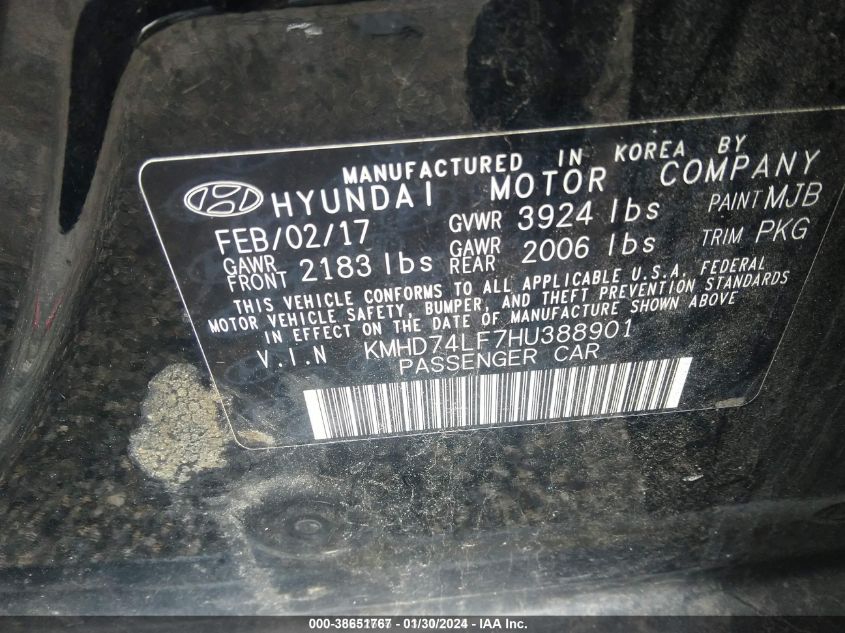 KMHD74LF7HU38890 2017 Hyundai Elantra Se