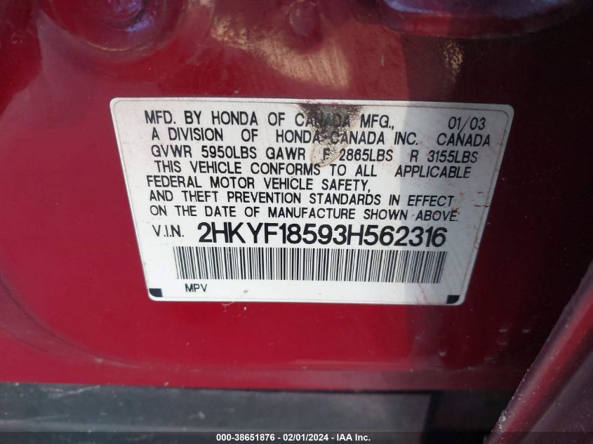 2003 Honda Pilot Ex-L VIN: 2HKYF18593H562316 Lot: 38651876