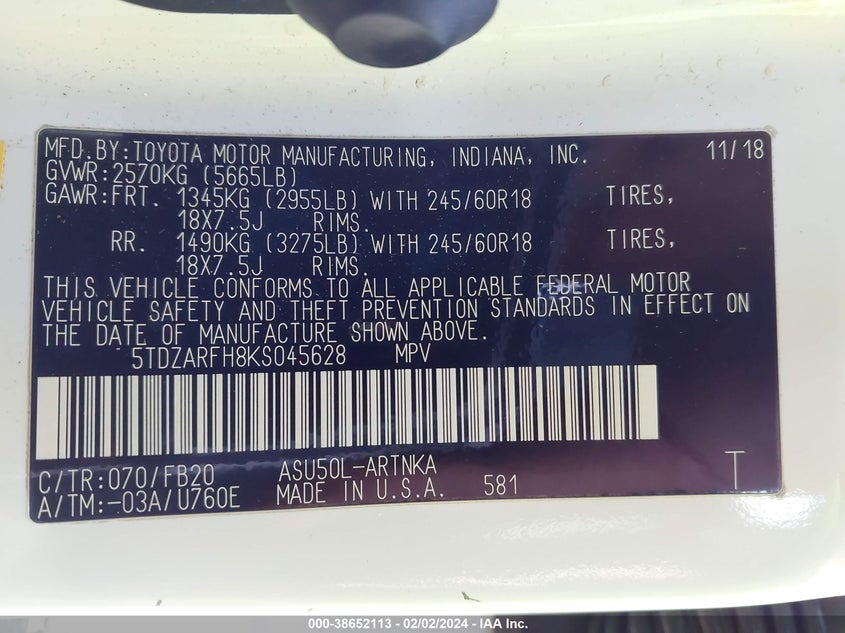 2019 TOYOTA HIGHLANDER VIN: 5TDZARFH8KS045628