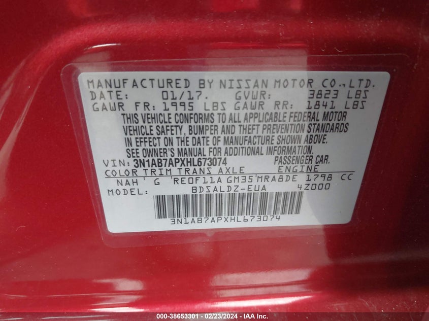VIN 3N1AB7APXHL673074 2017 NISSAN SENTRA SV