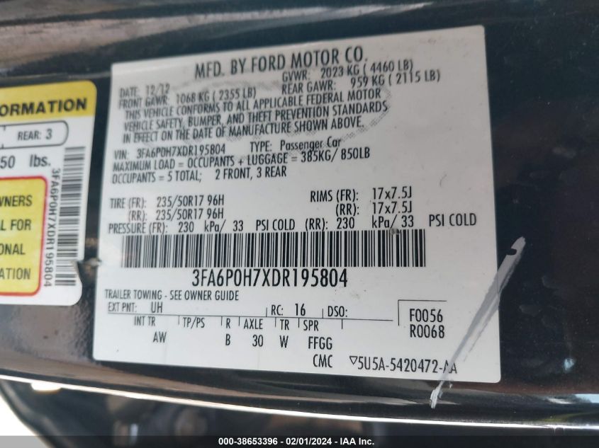 3FA6P0H7XDR195804 2013 Ford Fusion Se