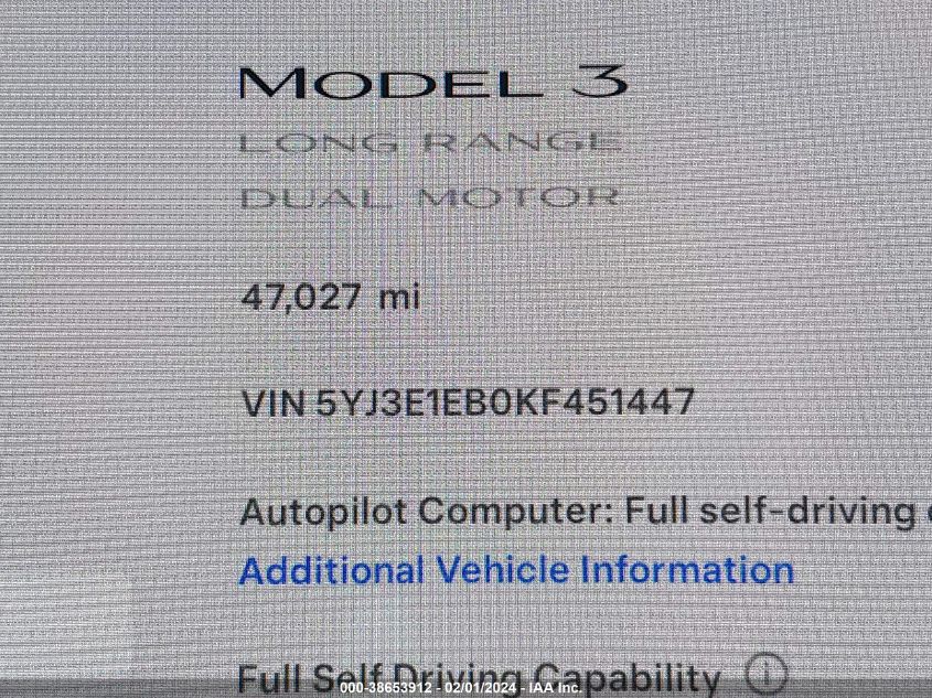 2019 Tesla Model 3 Long Range/Performance VIN: 5YJ3E1EB0KF451447 Lot: 38653912