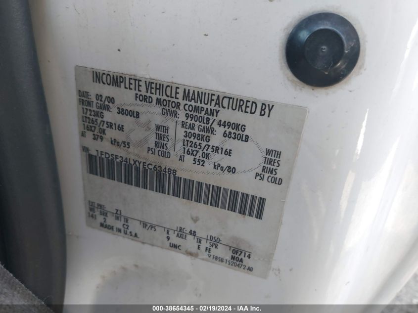 2000 Ford Super Duty F-350 Srw Lariat/Xl/Xlt VIN: 1FDSF34LXYEC63488 Lot: 38654345