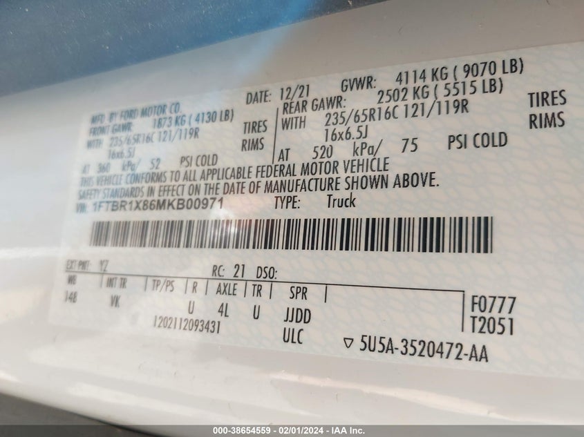 VIN 1FTBR1X86MKB00971 2021 FORD TRANSIT-250