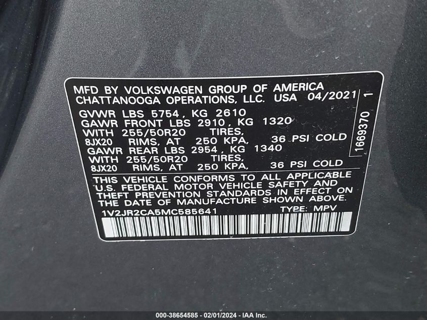 2021 Volkswagen Atlas 3.6L V6 Se W/Technology VIN: 1V2JR2CA5MC585641 Lot: 38654585