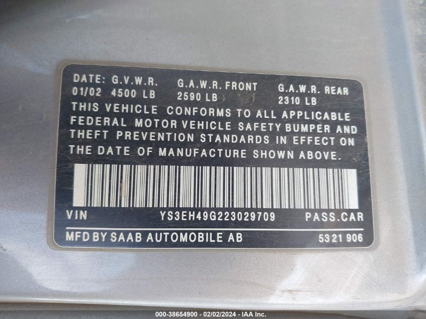 YS3EH49G223029709 2002 Saab 9-5 Aero